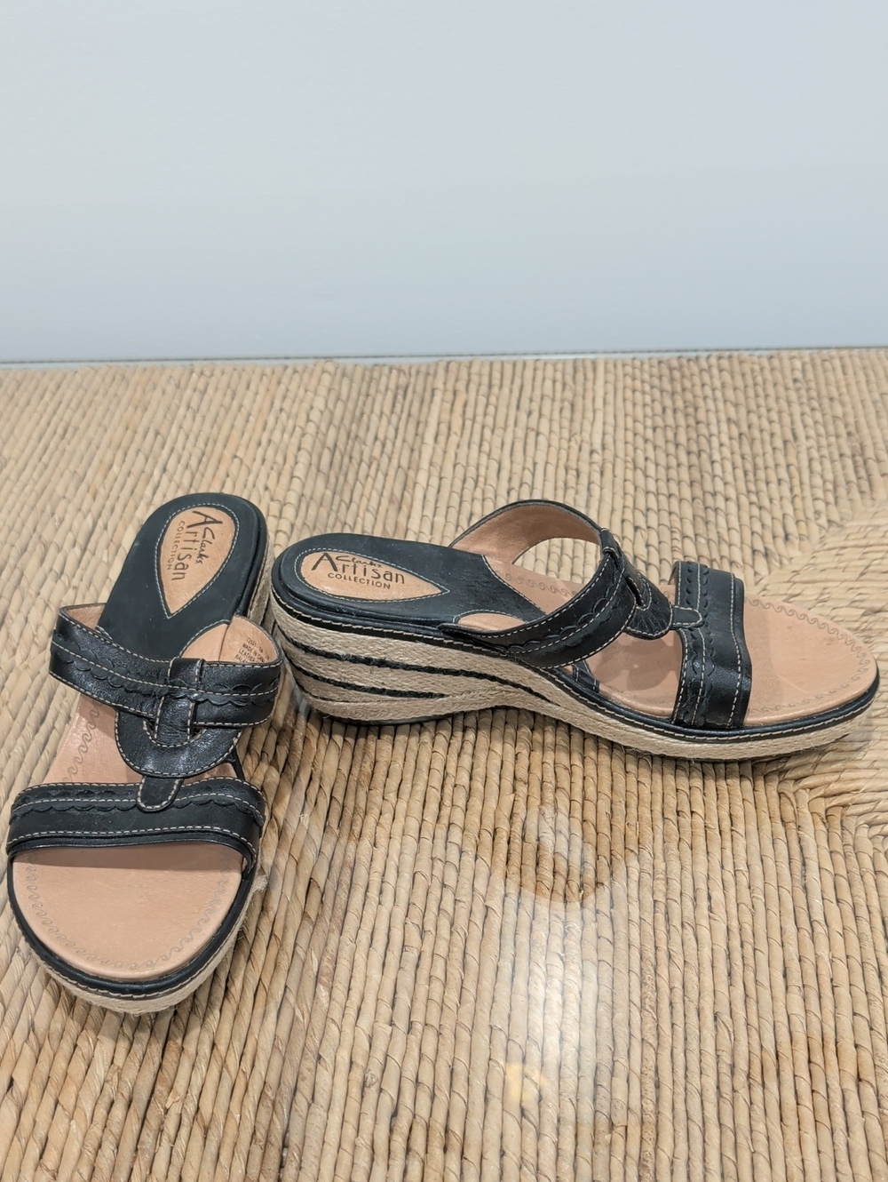 Clarks Artisan Black Braided Espadrille Wedge Sandals